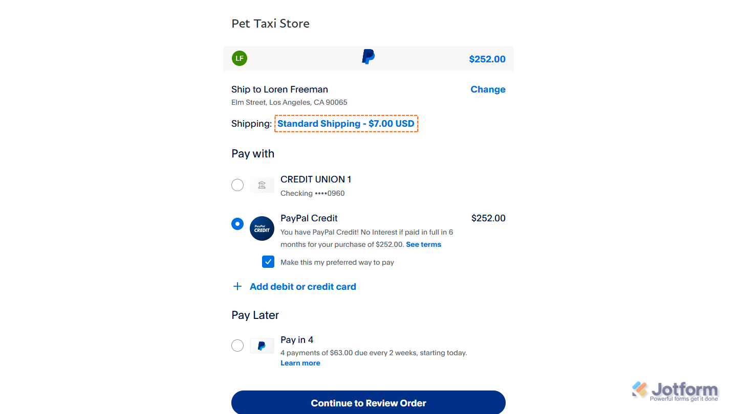 Capture d'écran des frais de port calculés en fonction du poids sur une page de paiement PayPal