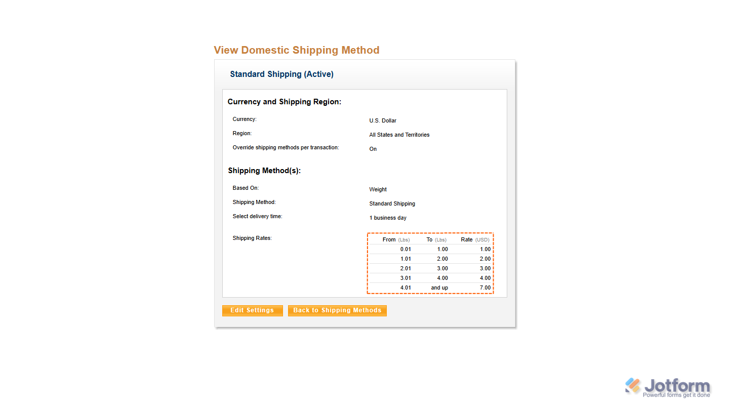 Capture d'écran montrant comment configurer les frais de livraison en fonction du poids dans la section Afficher le mode d'expédition national sur PayPal