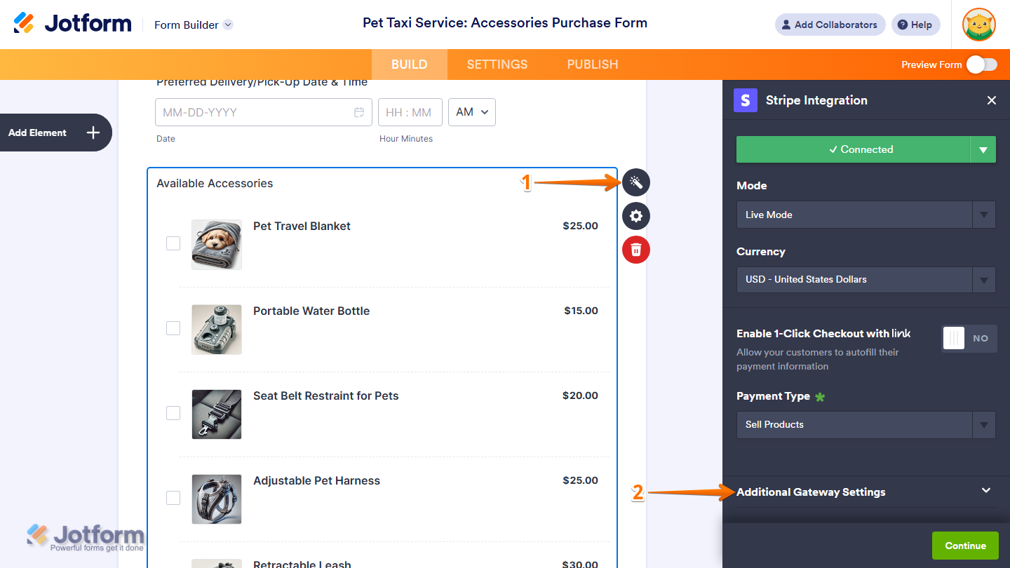 Capture d'écran d'un formulaire avec une section de paiement Stripe dans le Générateur de formulaires Jotform avec une flèche pointant vers l'icône de baguette magique et une autre pointant vers Paramètres de passerelle supplémentaires dans le volet Intégration Stripe à droite