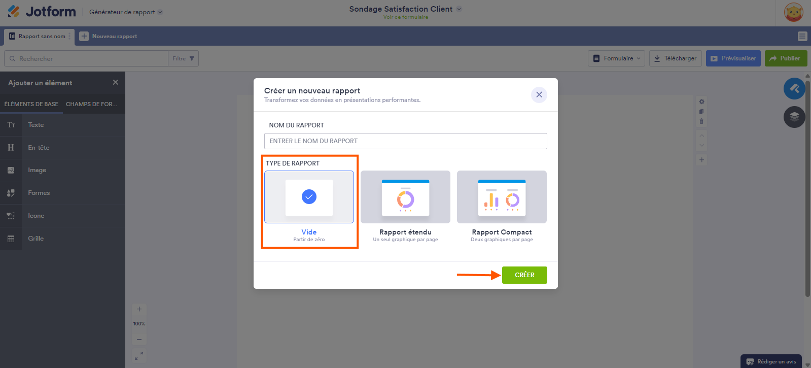 Capture d'écran de la fenêtre Créer un nouveau rapport dans le Générateur de rapports Jotform avec un encadré autour de l'option Vide et une flèche pointant vers le bouton Créer