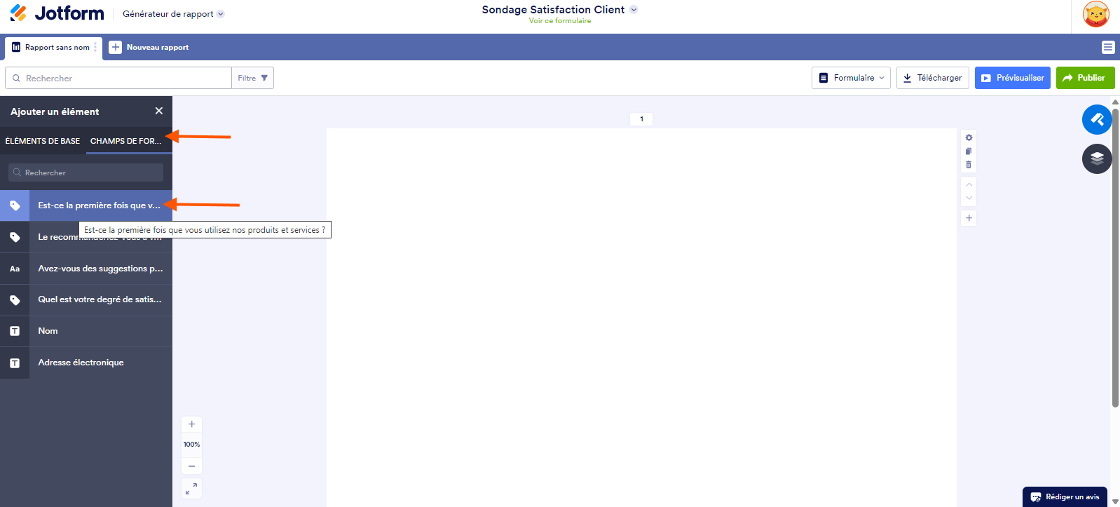 Capture d'écran de la fenêtre de création d'un rapport dans le Générateur de rapports Jotform avec une flèche pointant vers l'onglet Champs de formulaire et une autre vers une question du sondage