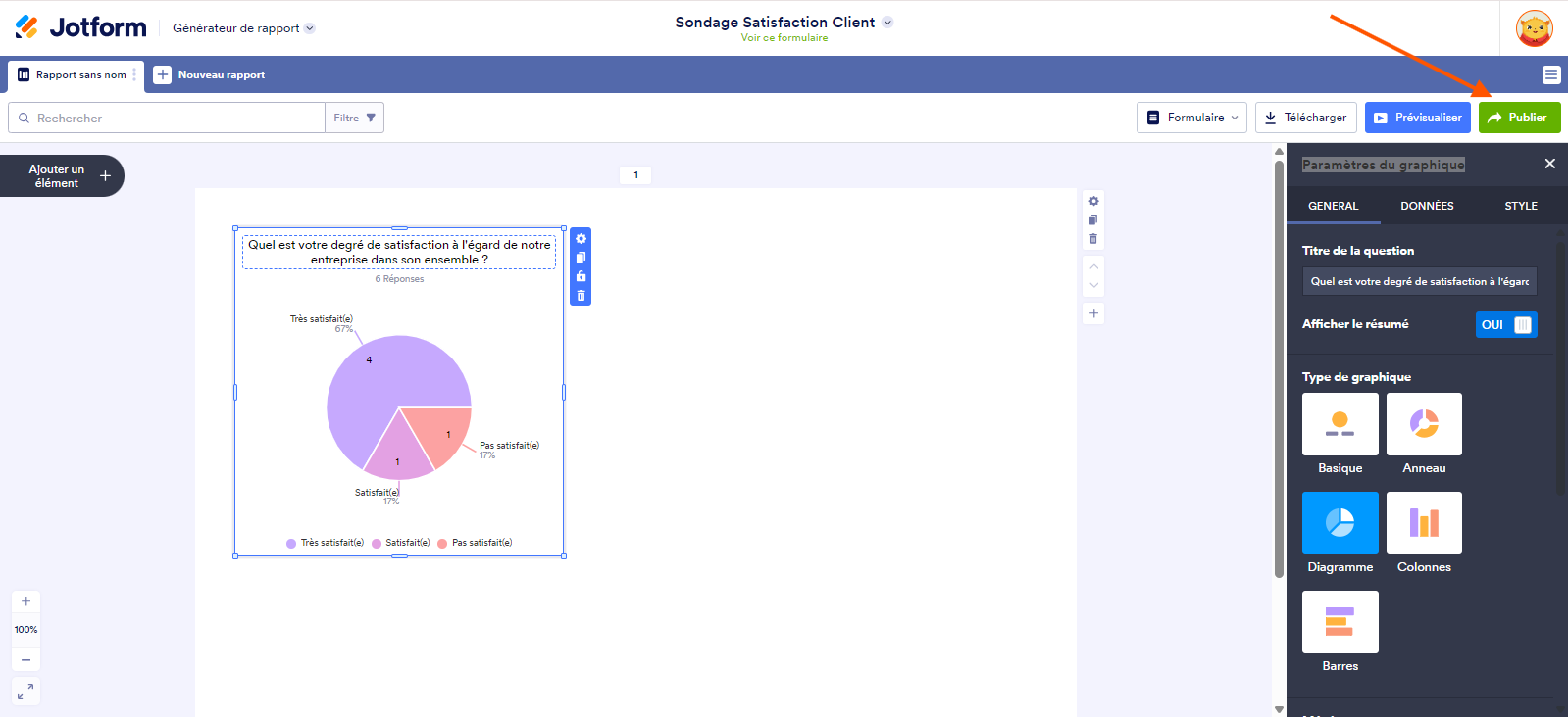 Capture d'écran d'un rapport visuel dans le Générateur de rapports Jotform avec une flèche pointant vers le bouton Publier en haut à droite de l'interface