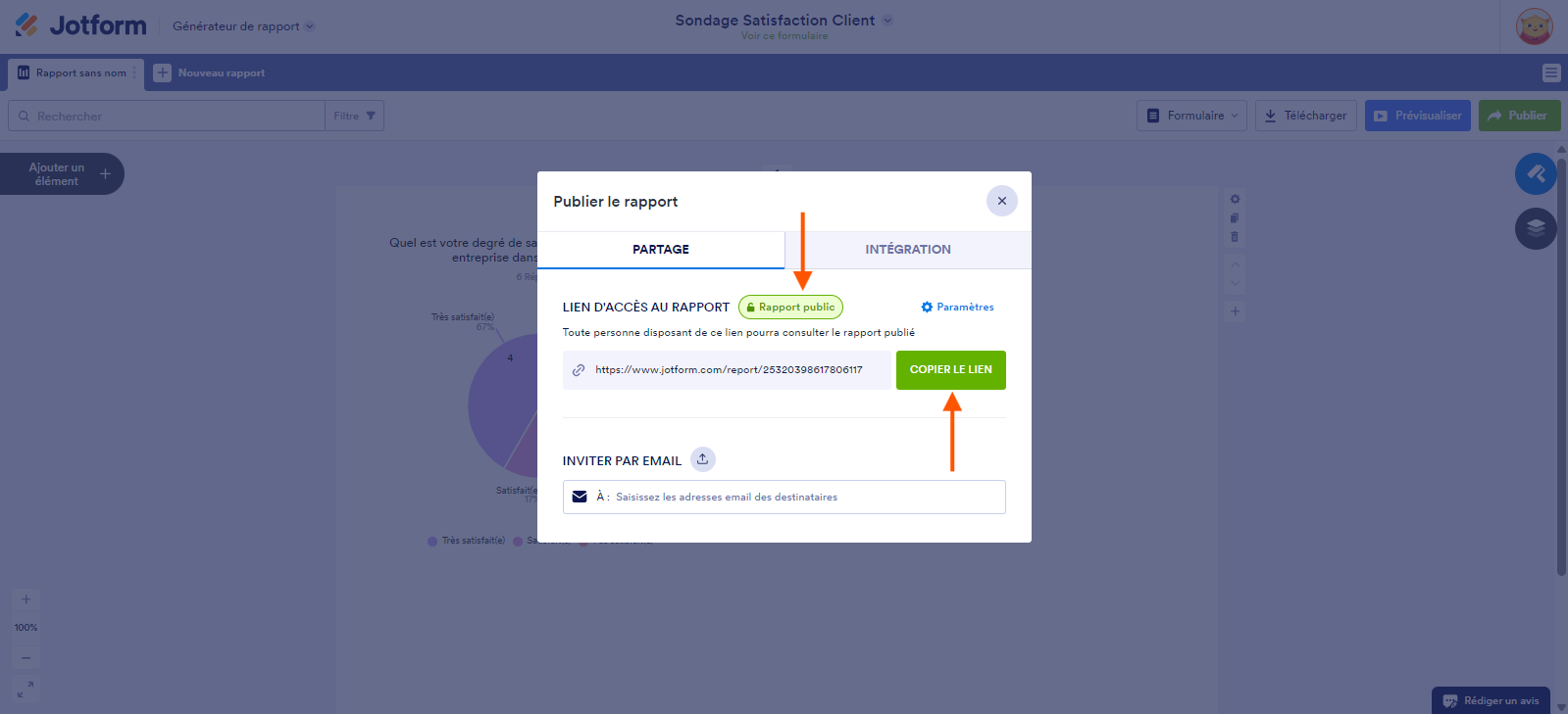 Capture d'écran de la fenêtre Publier le rapport dans le Générateur de rapports Jotform avec une flèche pointant vers le bouton Rapport public et une autre pointant vers le bouton Copier le lien
