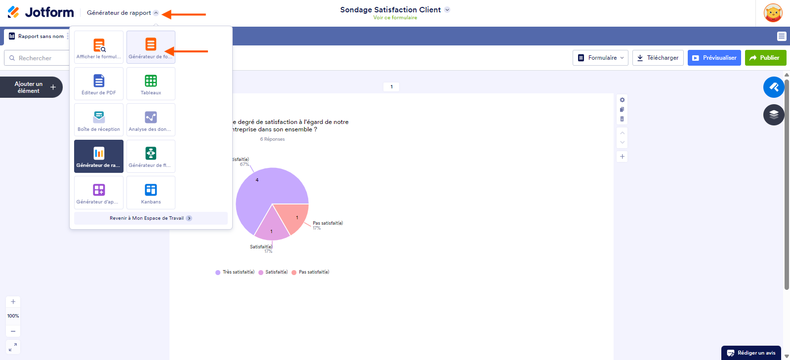 Capture d'écran de l'interface du Générateur de rapports Jotform avec une flèche pointant vers le menu en haut à droite du logo Jotform et une autre flèche pointant vers Générateur de formulaires dans le menu ouvert