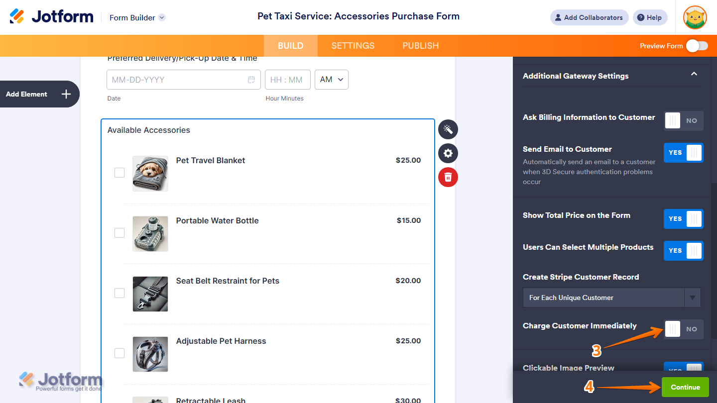 Capture d'écran d'un formulaire avec une section de paiement Stripe dans le Générateur de formulaires Jotform avec une flèche pointant vers le bouton bascule Facturer le client immédiatement du volet Paramètres de passerelle supplémentaires et une autre pointant vers le bouton Enregistrer