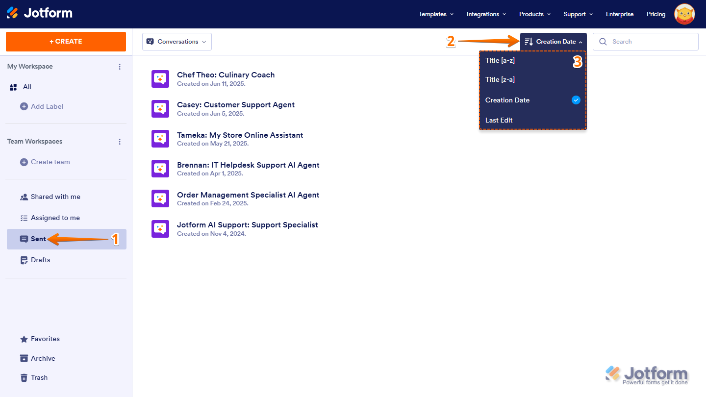 Sorting dropdown menu in the Sent section of Jotform Workspace showing options to sort assets by Title, Creation Date, or Last Edit