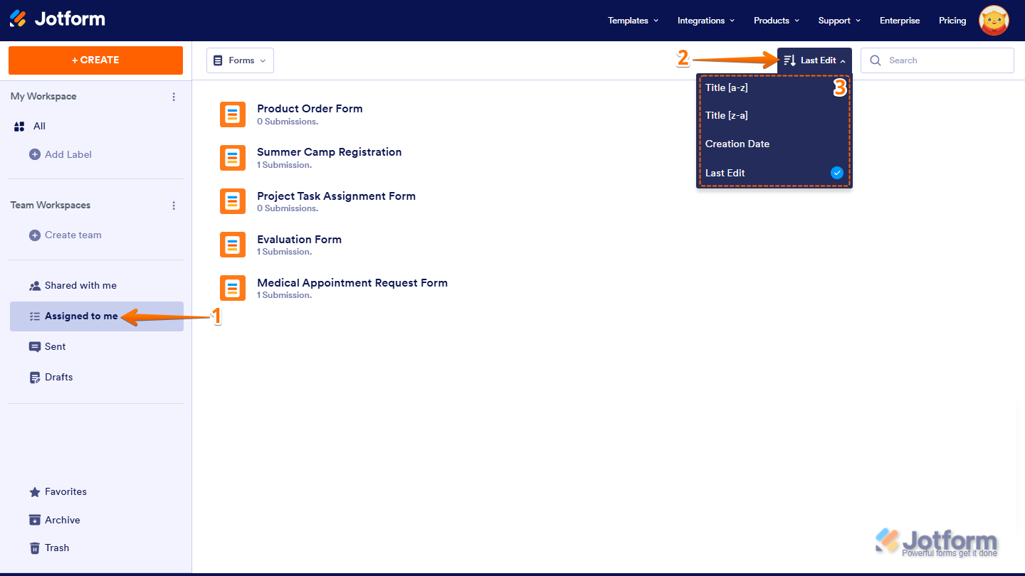 Sort assigned assets in Jotform Workspace by title, creation date, or last edit using the Sorting dropdown