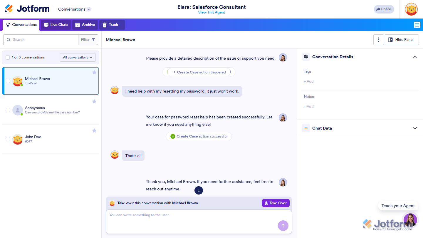 Capture d'écran d'une page Conversation d'un Assistant Salesforce dans le Générateur d'assistants Jotform