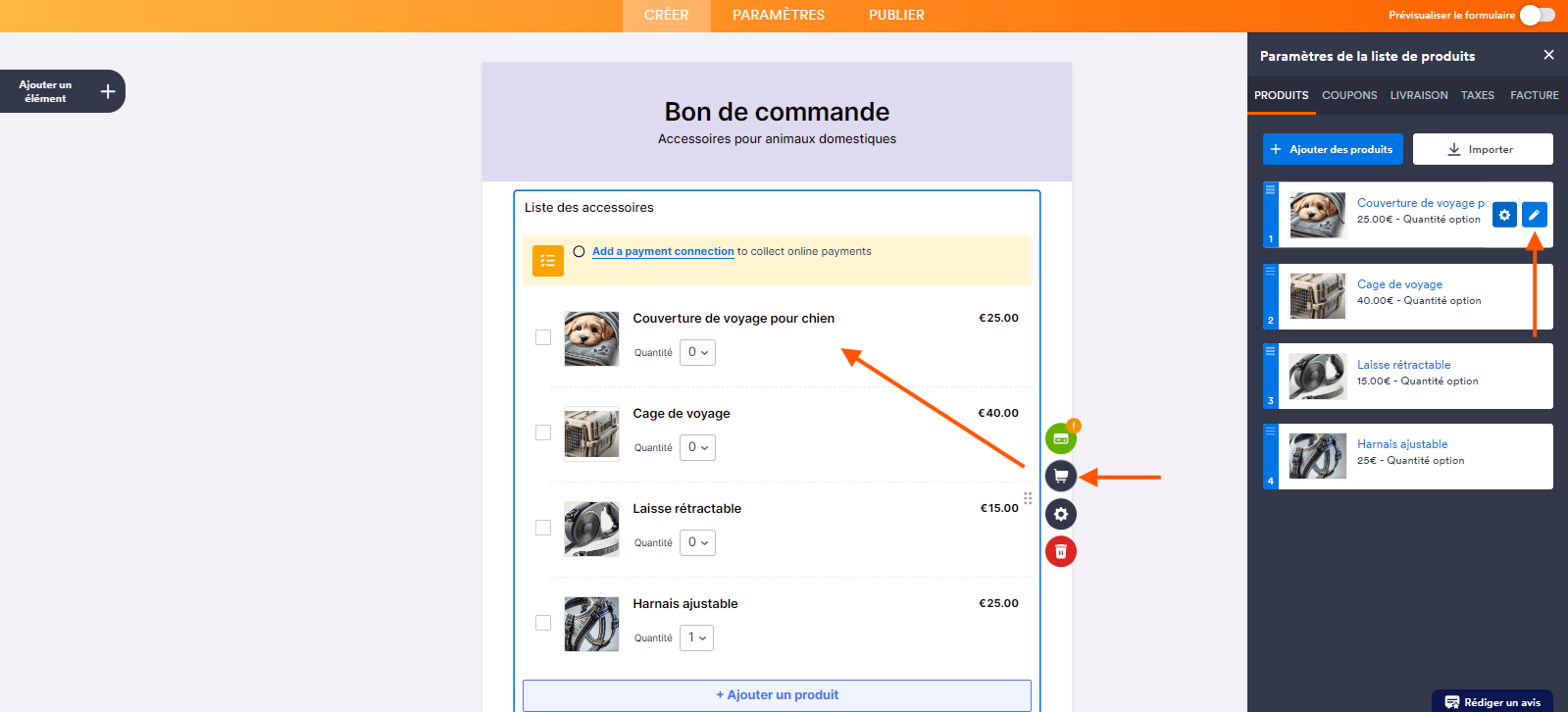 Capture d'écran du formulaire avec une section Liste de produits dans le Générateur de formulaires Jotform avec une flèche pointant vers l'icône de caddie, une autre pointant vers le premier produit de la liste de produits et une troisème flèche pointant vers l'icône de crayon dans un produit du volet Paramètres de la liste de produits pour modifier le produit