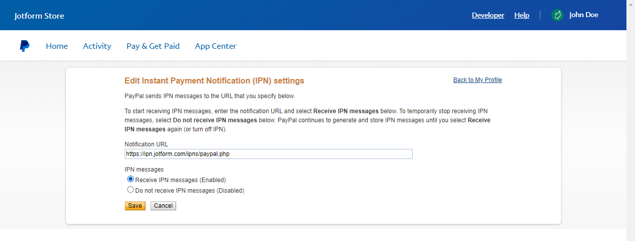 Capture d'écran de la page Modifier les paramètres de notification instantanée de paiements avec le message IPN Recevoir les messages IPN activé 