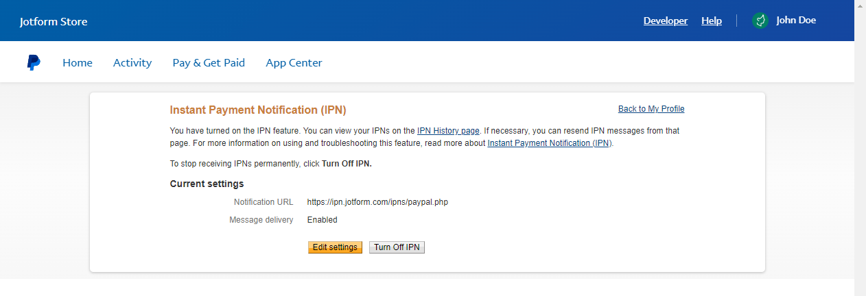 Capture d'écran de la page de notification instantanée de paiements terminée