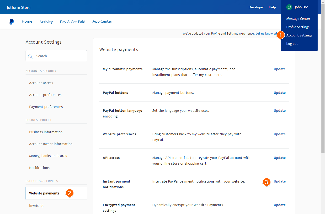 Capture d'écran de la page PayPal connectée à Jotform avec un chiffre 1 sur l'option Paramètres du compte, un chiffre 2 sur Paiements en ligne dans le volet Paramètres du compte à gauche et le chiffre 3 sur Produits et services