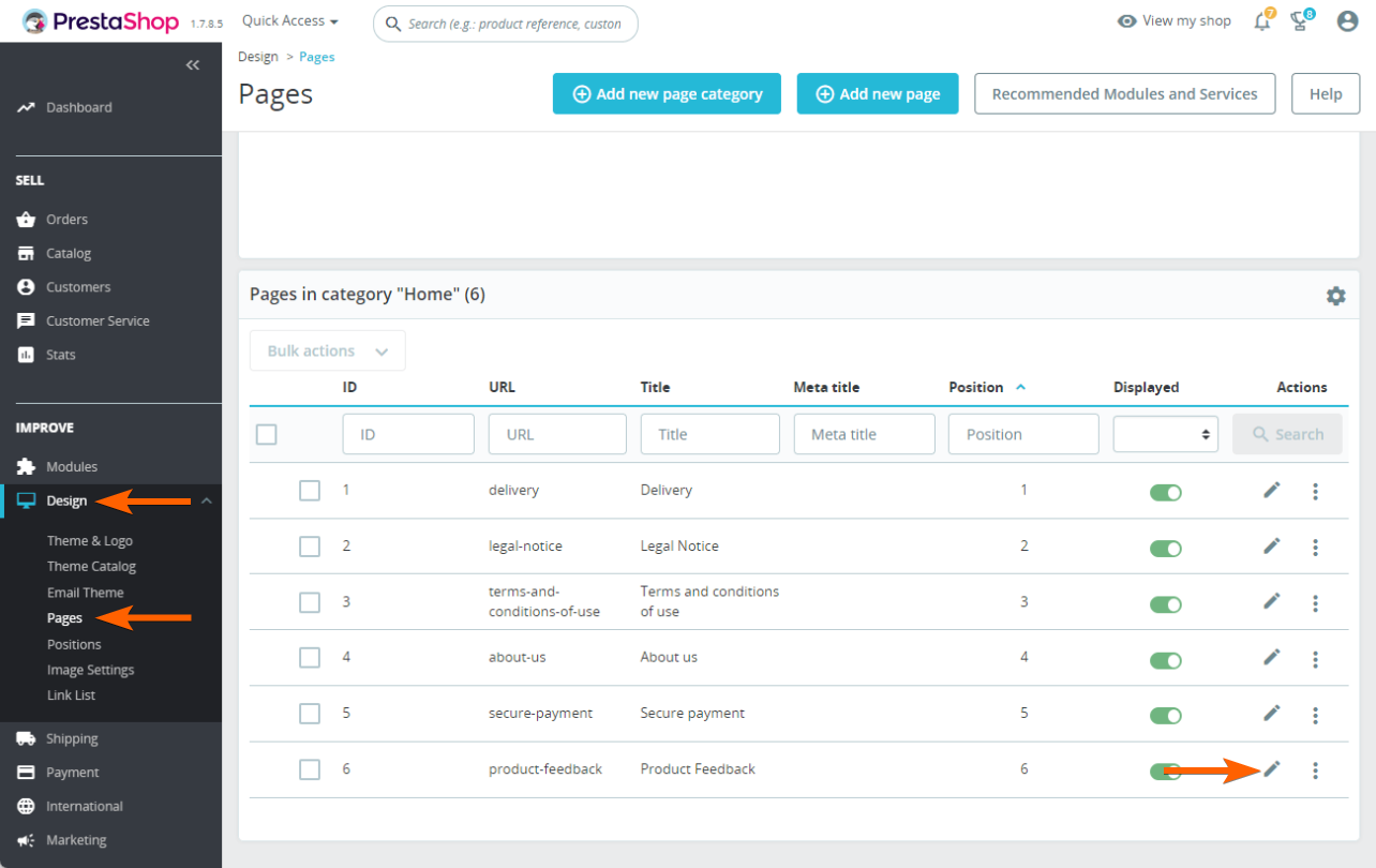 Capture d'écran du tableau de bord PrestaShop et de la section Pages avec une flèche pointant vers Design dans le volet de gauche, une autre pointant vers Pages, et une troisième pointant vers l'icône de crayon sous la colonnes Actions
