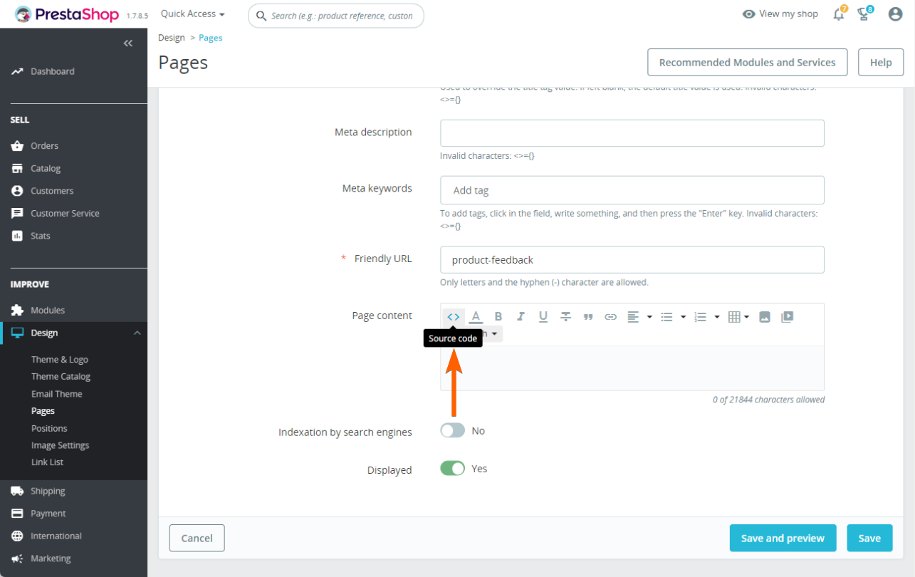 Capture d'écran du tableau de bord PrestaShop et de la section Pages avec une flèche pointant vers l'icône Source code dans le champ Page content