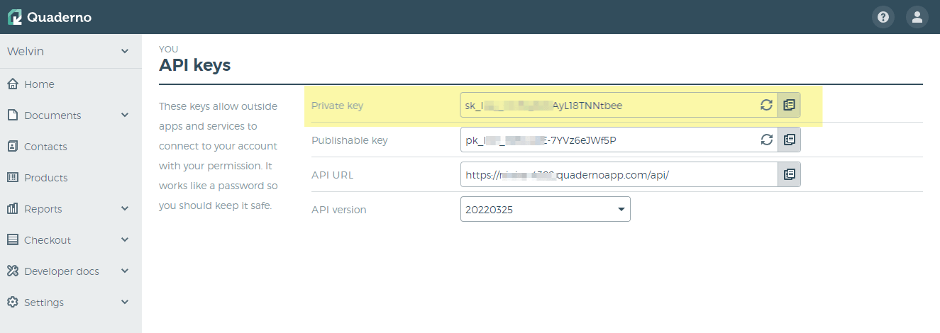 Capture d'écran de la fenêtre API keys dans Quaderno affichant la Clé privée