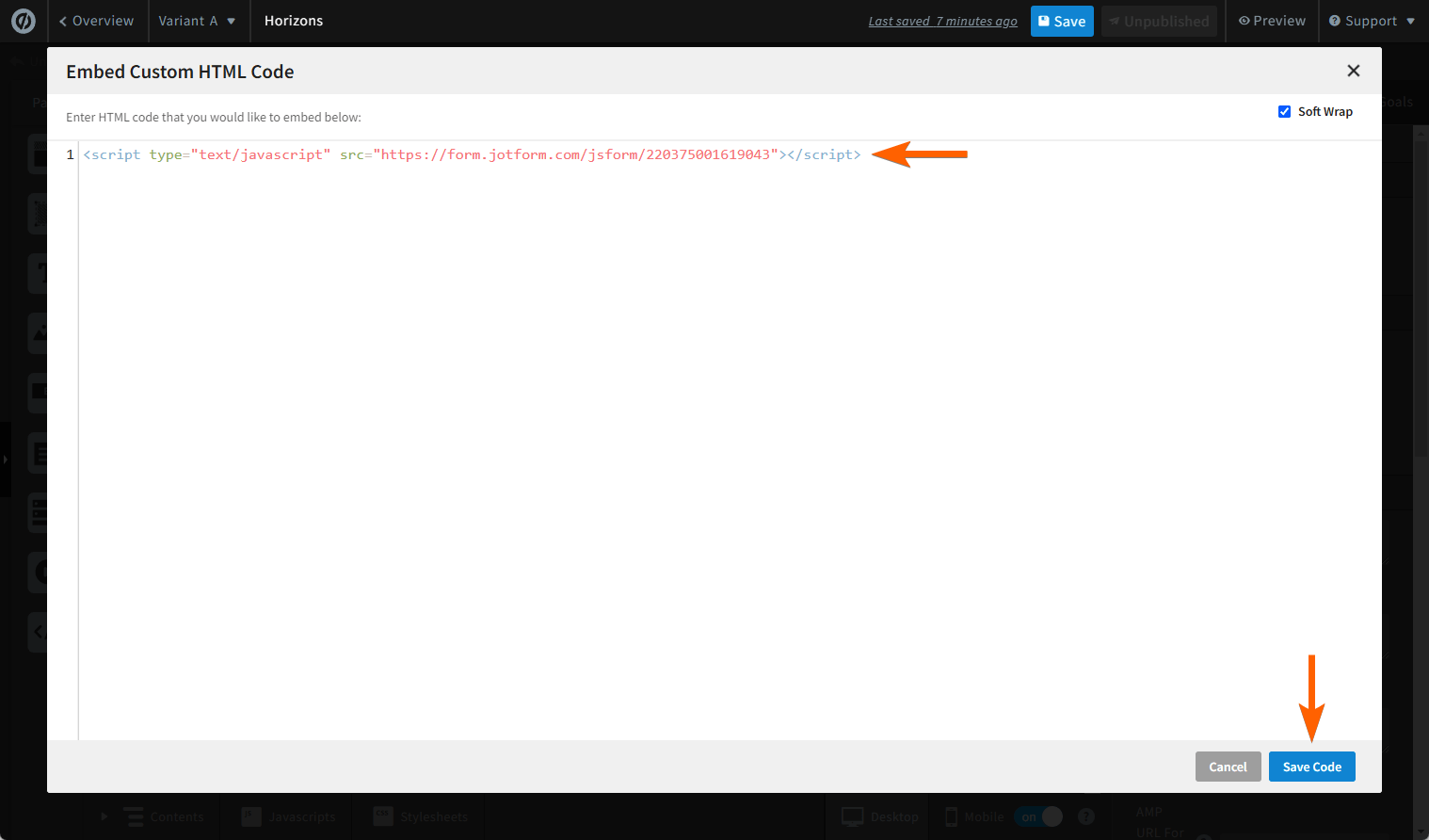Capture d'écran montrant le code d'intégration du formulaire Jotform dans la page Unbounce avec une flèche pointant vers le bouton Save Code (enregistrer le code)