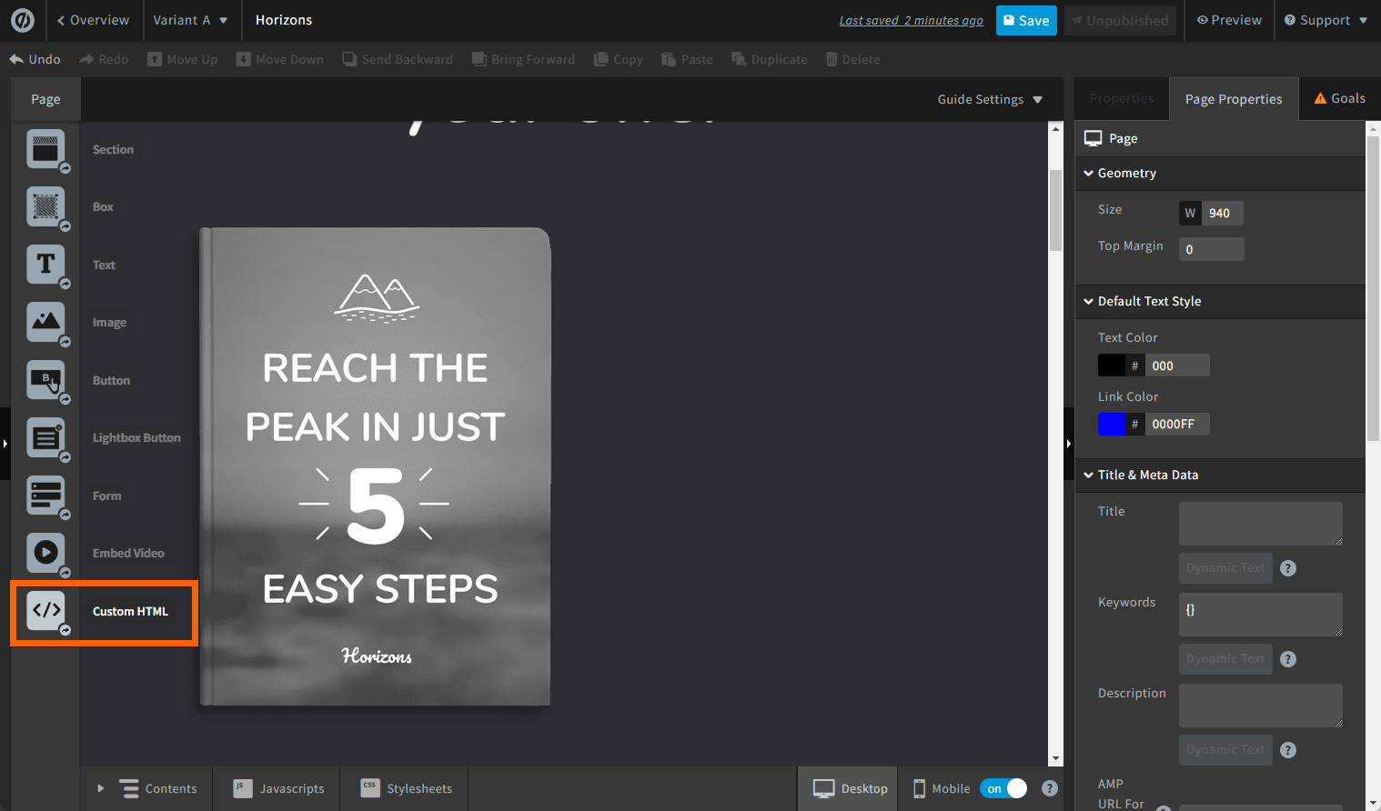 Capture d'écran montrant comment ajouter un élément HTML personnalisé dans Unbounce