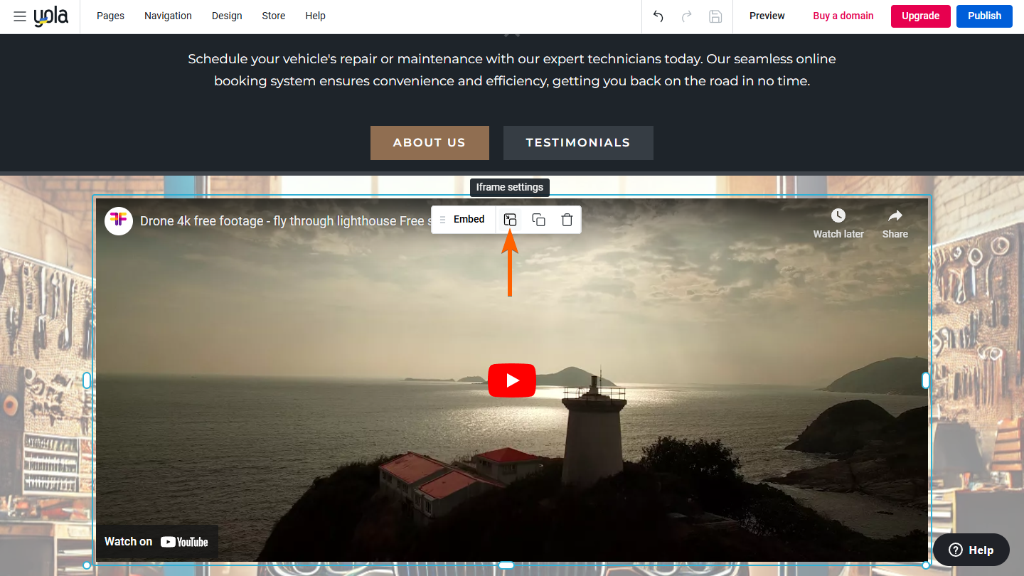 Capture d'écran du bouton Paramètres Iframe du widget Embed (Code d'intégration) dans l'espace de travail de Yola Sitebuilder