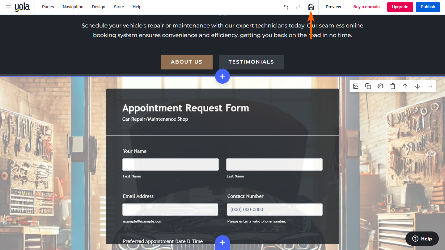 Capture d'écran de l'icône Enregistrer dans le haut du générateur de sites Yola