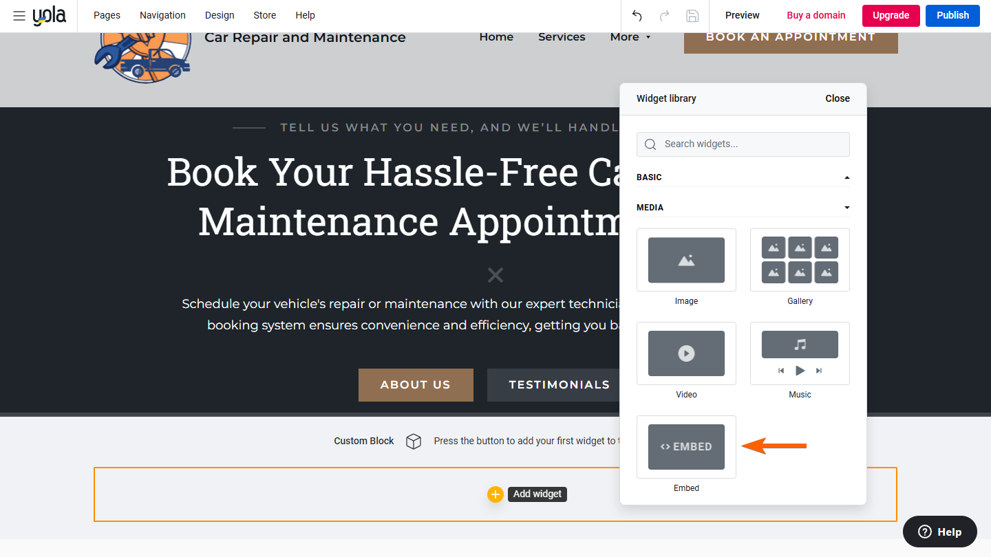 Capture d'écran du widget Embed dans la fenêtre Bibliothèque de widgets de Yola Sitebuilder