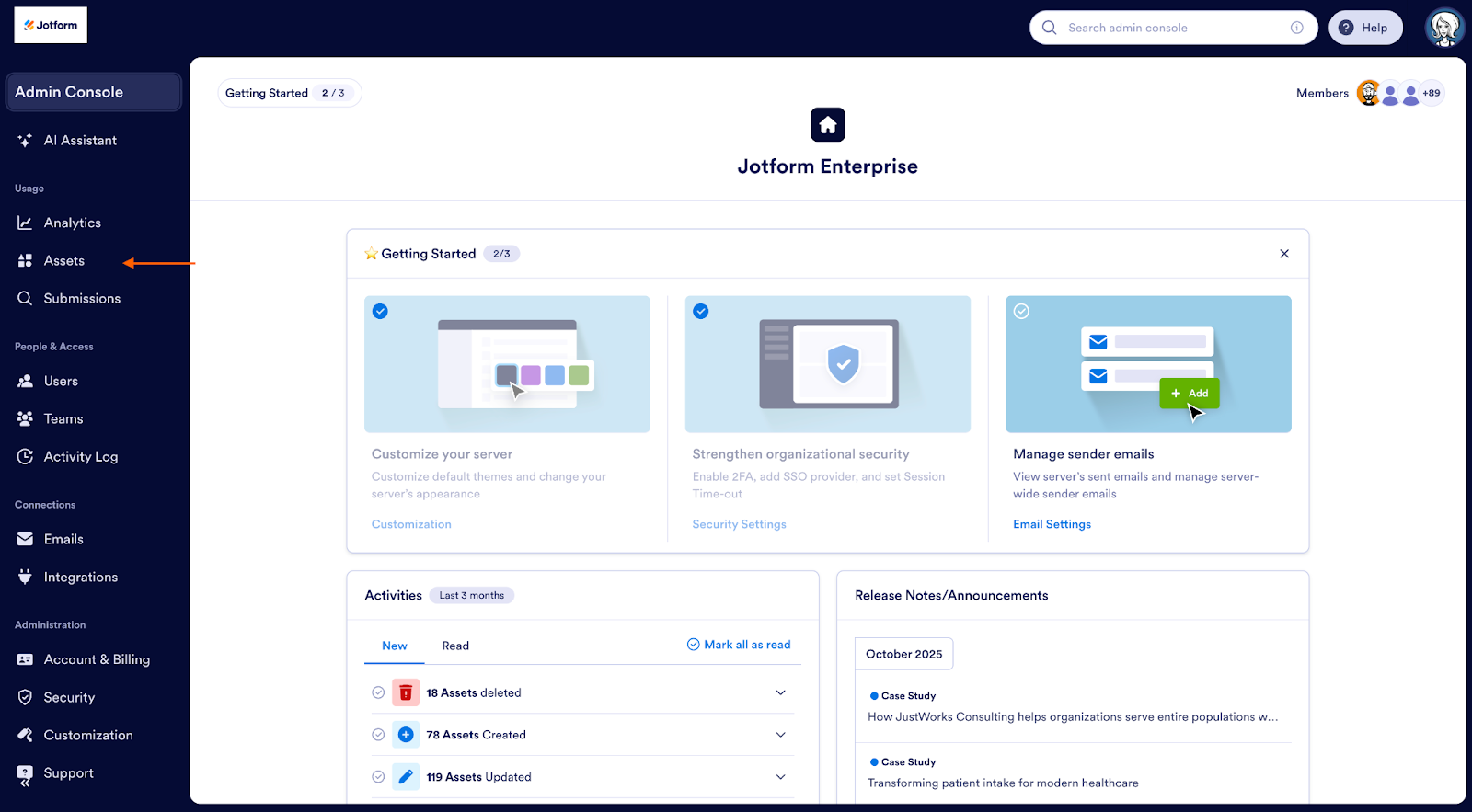 Clicking on the Assets option on the Admin Console