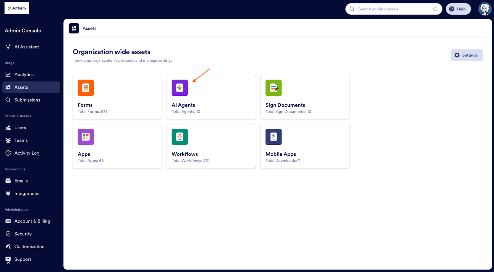 Clicking on the AI Agents option on the Admin Console