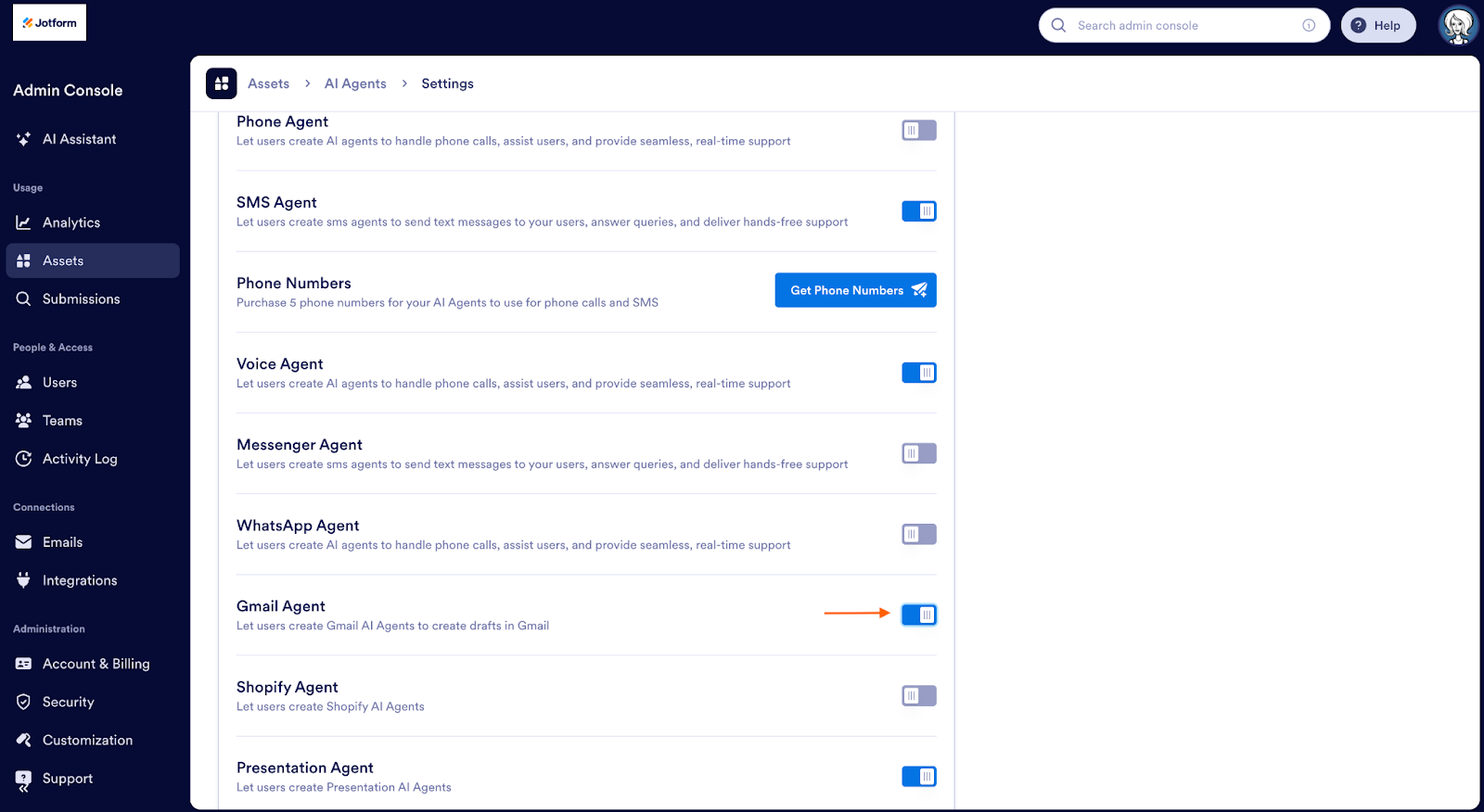 Toggling the Gmail Agent to On on the Admin Console