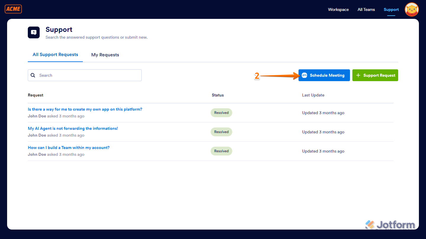 Schedule Meeting button in the Support page of Jotform Enterprise