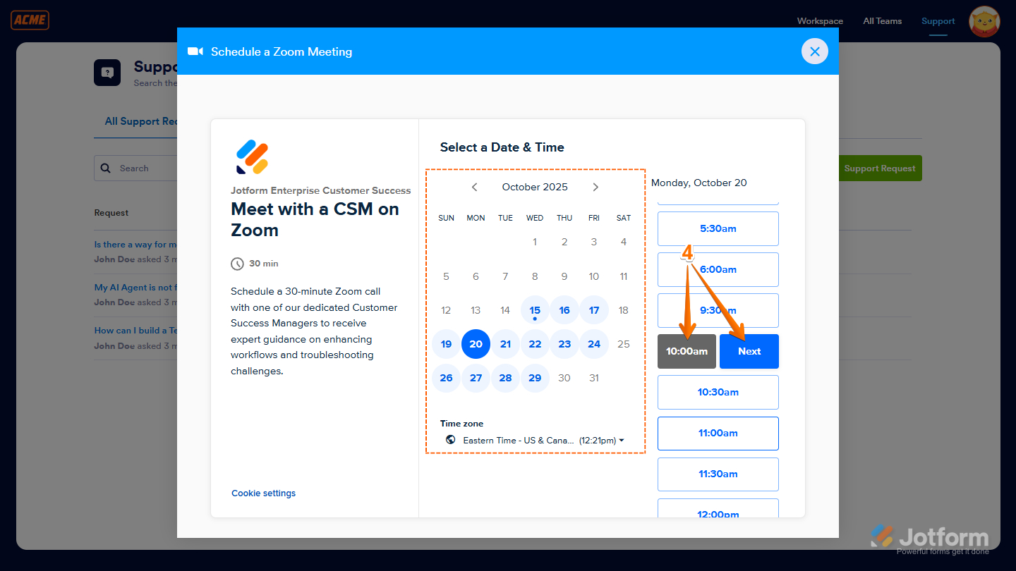 Select Date in the Schedule a Zoom Meeting window in the Support page of Jotform Enterprise