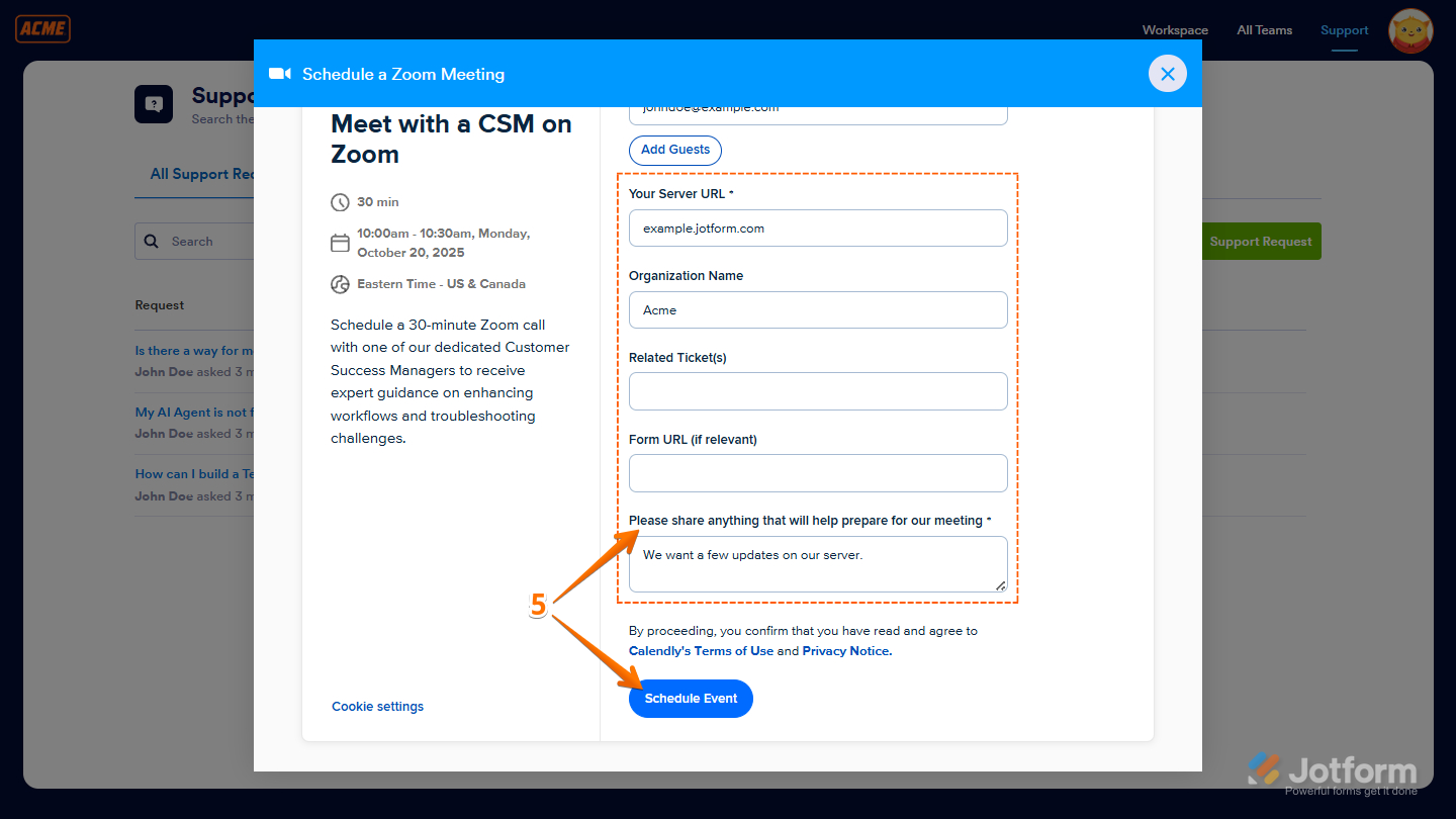 Schedule Event button in the Schedule a Zoom Meeting window in the Support page of Jotform Enterprise