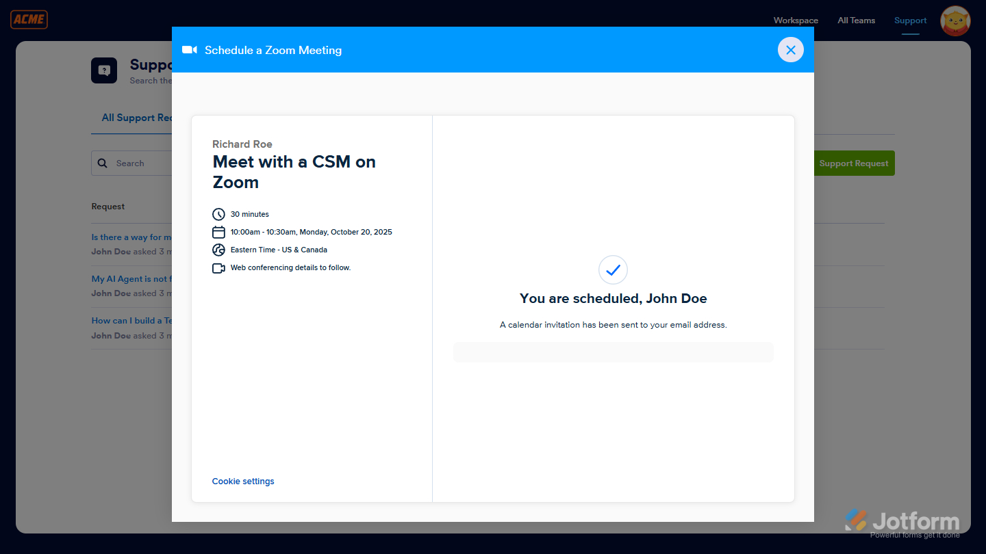 Confirmation window of a scheduled Zoom meeting in Jotform Enterprise
