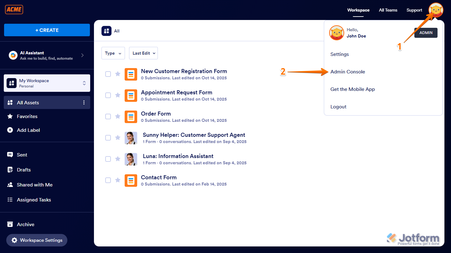 Admin Console menu in Jotform Enterprise account