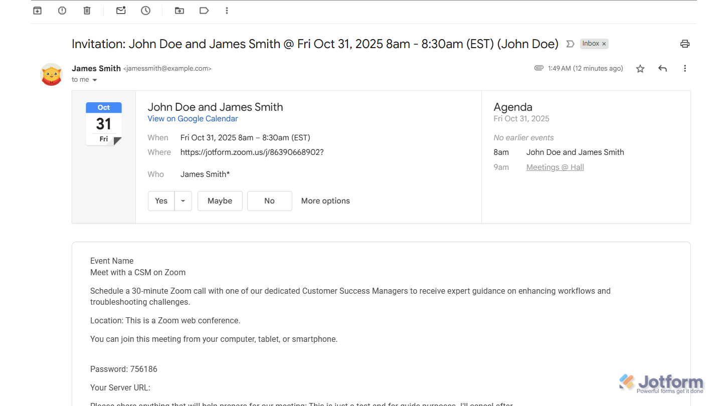 Confirmation Email of a scheduled Zoom Call in Jotform Enterprise