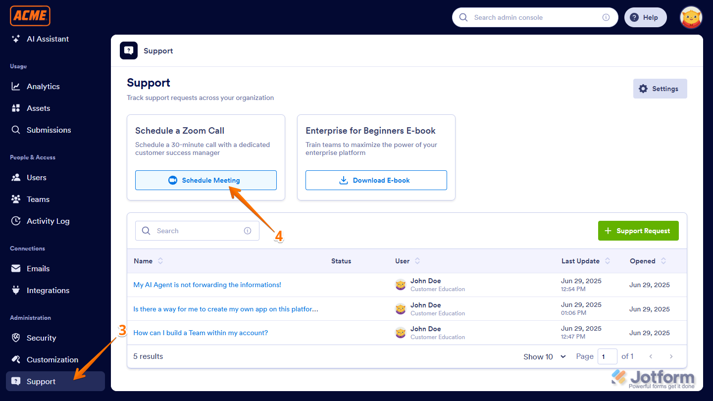 Schedule Meeting button in the Support page of the Jotform Enterprise Server