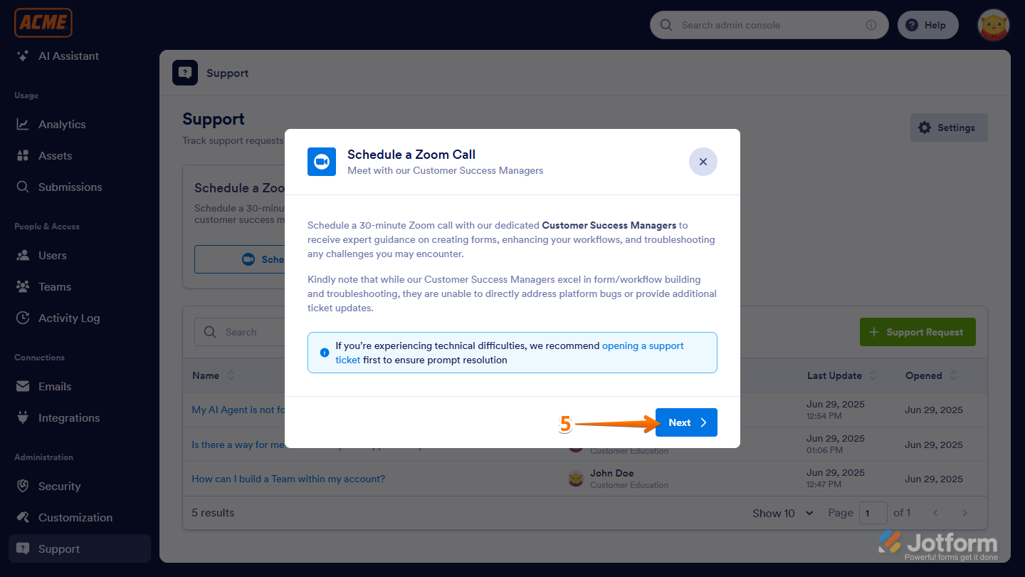 Schedule a Zoom Call window in the Support page of the Jotform Enterprise Server