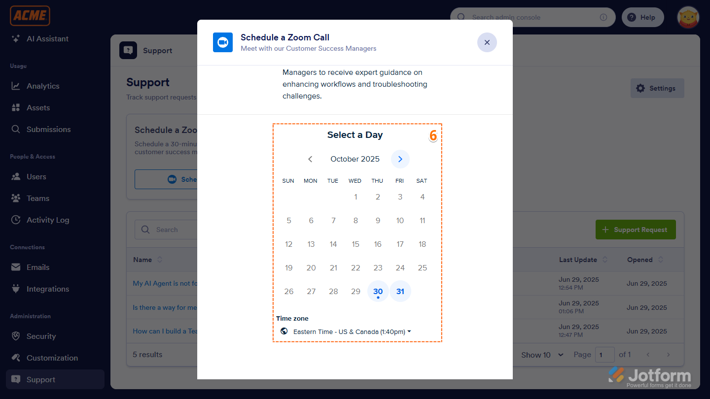 Select a Day in the Schedule a Zoom Call window in the Support page of the Jotform Enterprise Server