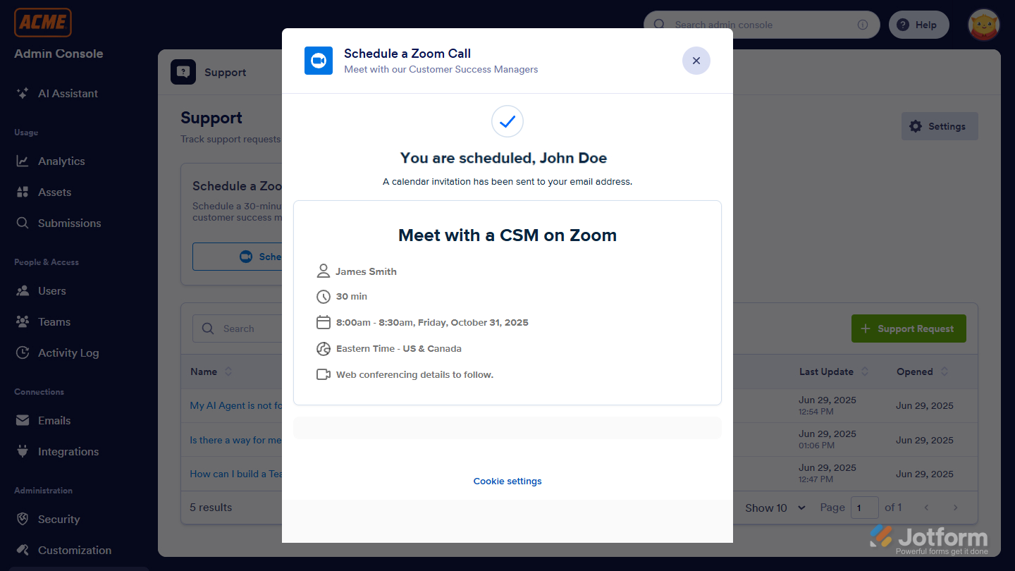 Confirmation window of a scheduled Zoom Call in Jotform Enterprise