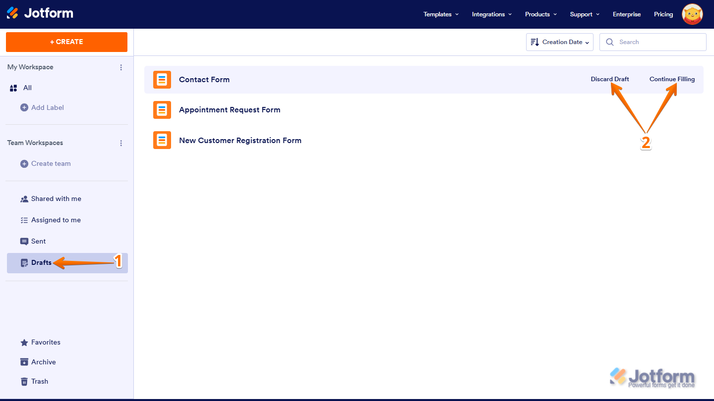 Options for managing saved form drafts in Jotform Workspace, including “Continue Filling” to complete the form or “Discard Draft” to delete it