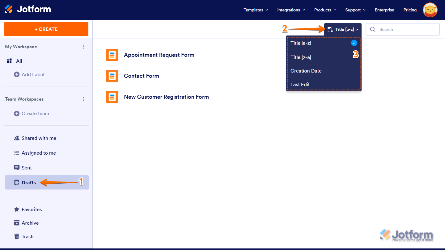 Sorting options for form drafts in Jotform Workspace, including Title (A–Z), Title (Z–A), Creation Date, and Last Edit