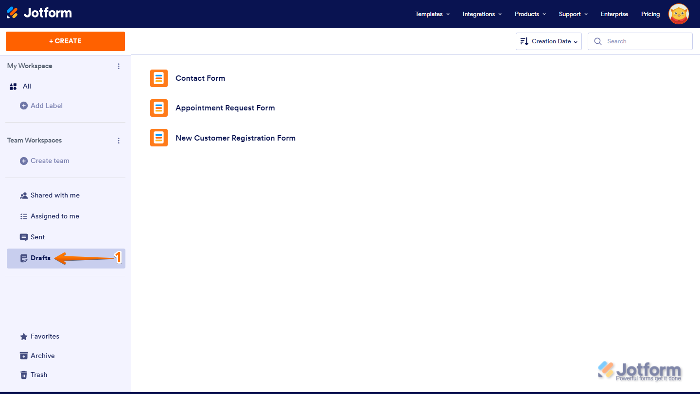 Workspace page in Jotform showing the Drafts section in the left-side menu for accessing saved form drafts