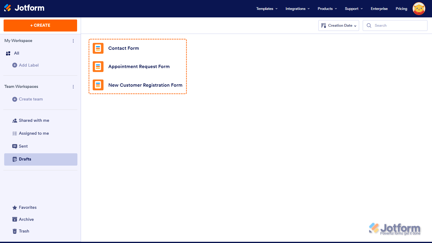 List of saved but unsubmitted form drafts in Jotform Workspace, visible only if the form’s Save button was enabled