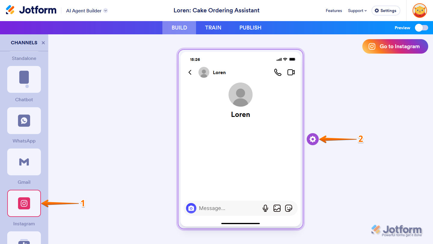 Gear icon next to the Example Instagram DM box of the Instagram channel in the Jotform AI Agent Builder