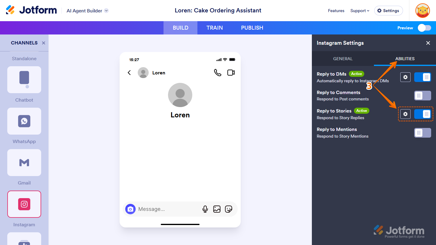 Gear icon of a toggled on Reply to Stories Instagram Agent ability in the Abilities tab of the Instagram Settings in Jotform AI Agent Builder