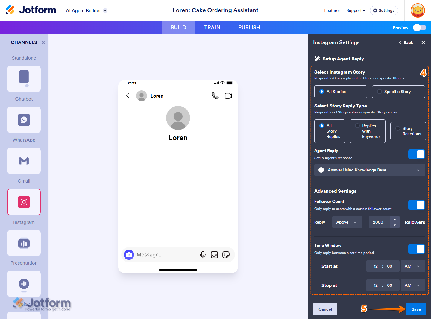 Different Instagram Agent Ability settings of the Setup Agent Reply section of the Instagram Settings window in Jotform AI Agent Builder