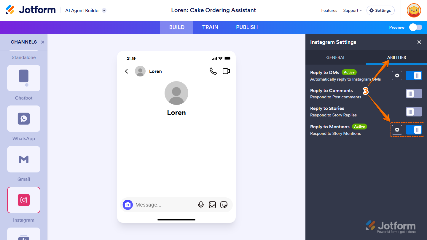 Gear icon of a toggled on Reply to Mentions Instagram Agent ability in the Abilities tab of the Instagram Settings in Jotform AI Agent Builder