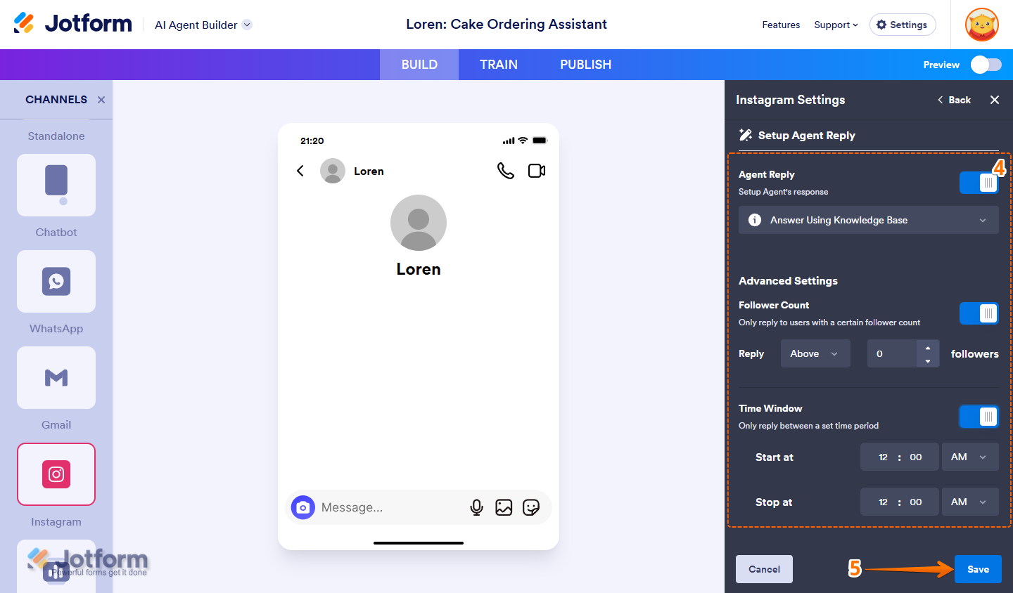 Different Instagram Agent Ability settings of the Setup Agent Reply section of the Instagram Settings window in Jotform AI Agent Builder