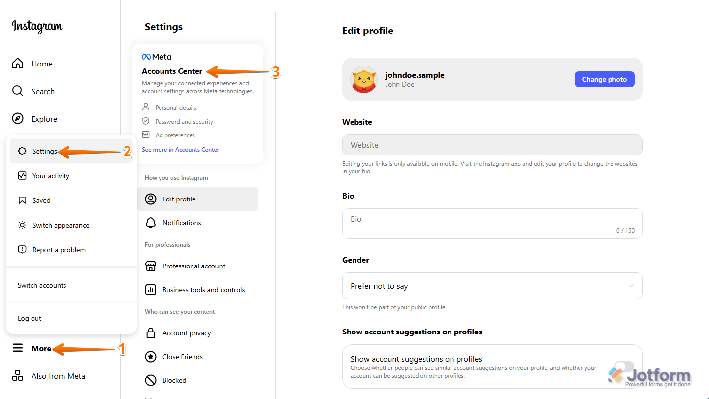 Account Center button under the Settings section in Instagram
