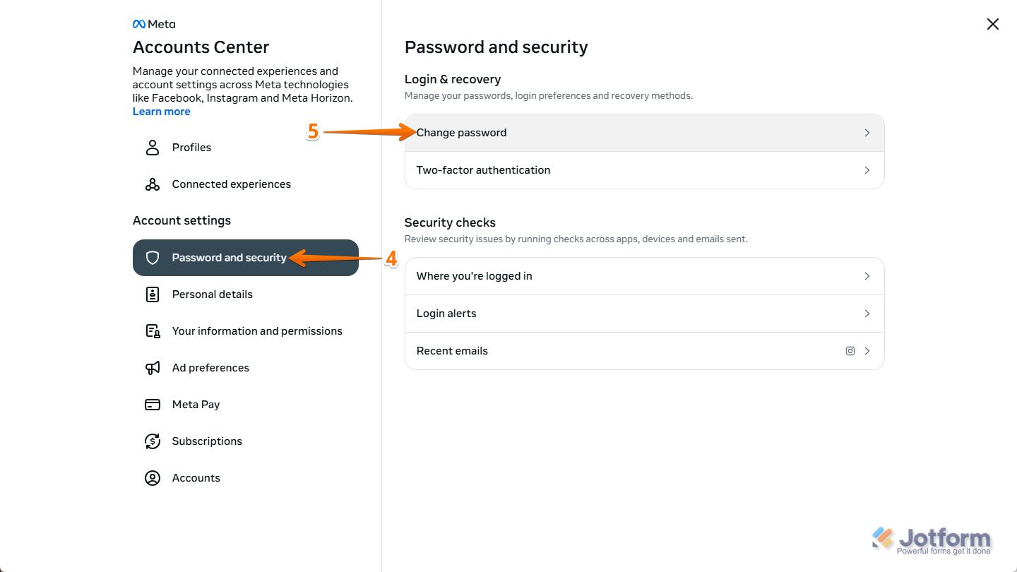 Change Password button in the Password and Security section of the Account Center window in Instagram