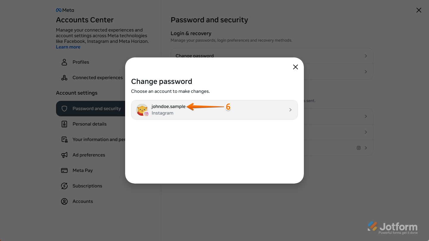 Instagram Account in Change Password window in Instagram