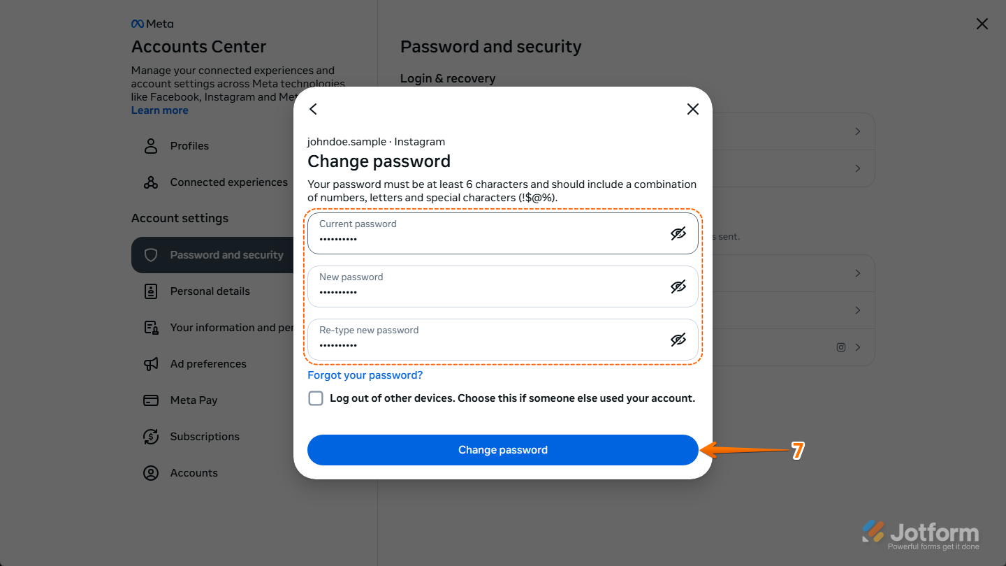 Current, New, and Re-type New Password fields in the Change Password window in Instagram